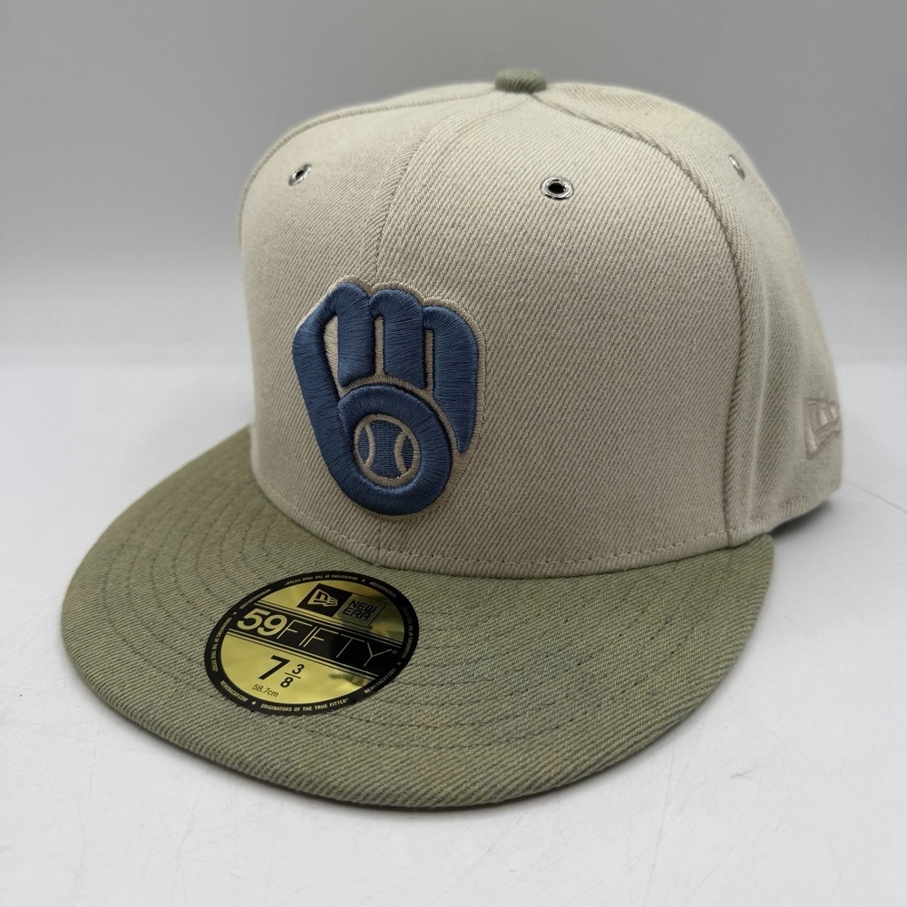New Era 59Fifty Milwaukee Brewers Hat Cap Sz 7 3/8 Sand/Sea Green 2 Tone Denim